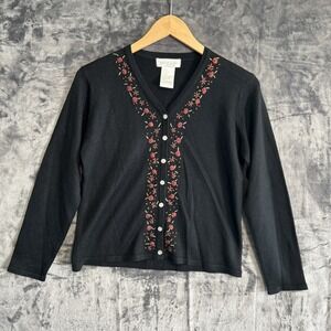 Pierre Cardin Cardigan Women's PM Black Wool Blend Floral Embroidered Preppy